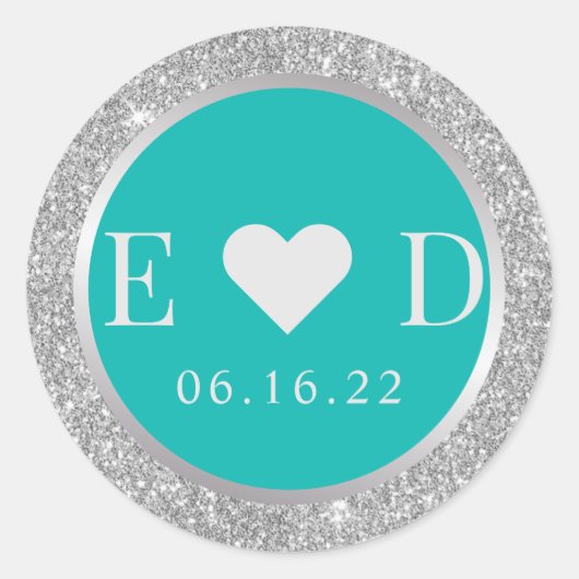 Moderne Turquoise & Zilveren Glitter Monogram Brui Ronde Sticker (Voorkant)