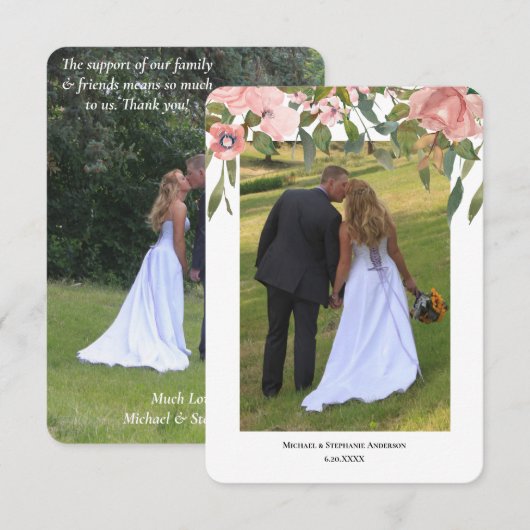 Moderne Twee Foto Blozende Roos Bloemige Trouwdag Bedankkaart (Voorkant / Achterkant)