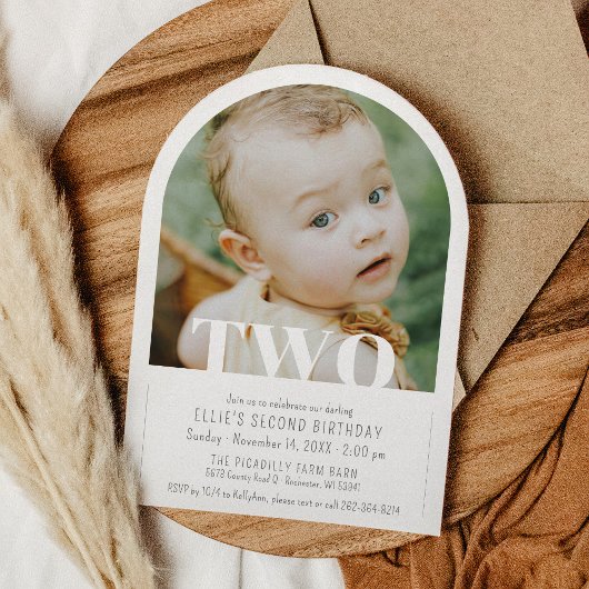 Moderne twee foto boog meisje jongen 2e verjaardag kaart