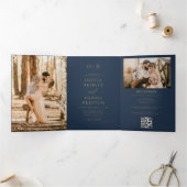 Moderne twee foto gouden marine blauwe bruiloft drieluik uitnodiging (Binnen)