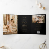 Moderne twee foto gouden zwarte bruiloft drieluik uitnodiging (Binnen)