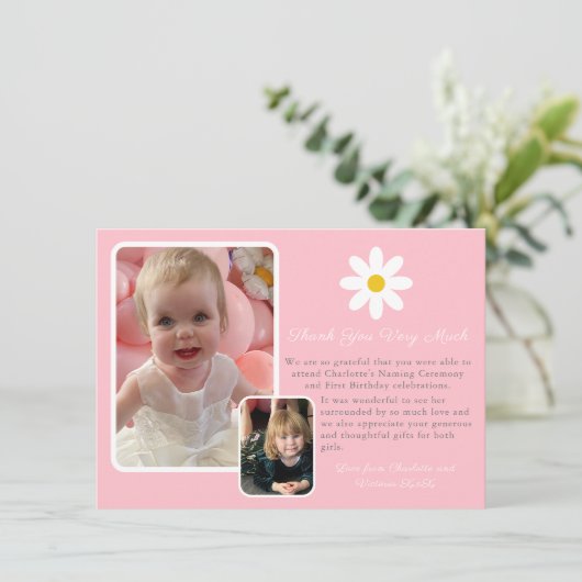 Moderne twee foto Roze Wit Goud Daisy Bedankkaart (Staand voorkant)