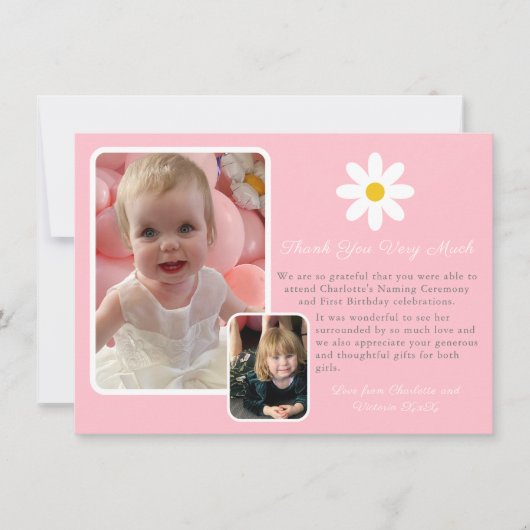 Moderne twee foto Roze Wit Goud Daisy Bedankkaart (Voorkant)