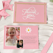 Moderne twee foto Roze Wit Goud Daisy Bedankkaart