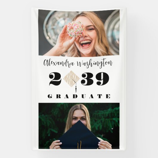 Moderne twee foto vet script afstudeerfeest spandoek (Verticaal)