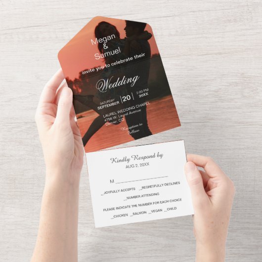 Moderne tweedetectminimalistische bruiloft met fot all in one uitnodiging (Afscheurbaar)