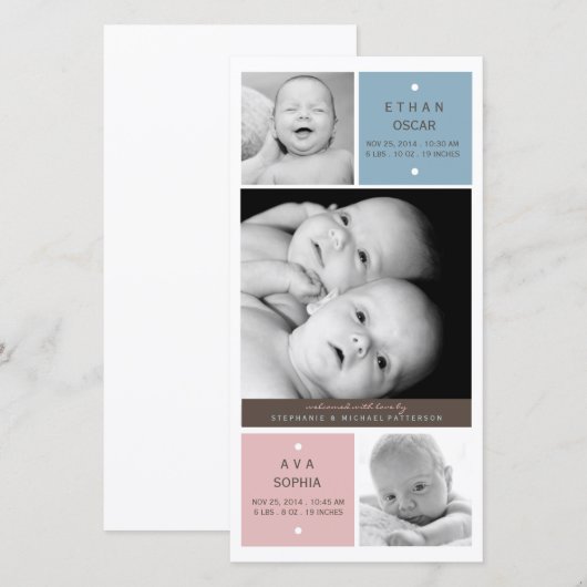 Moderne Tweeling Baby's Foto Aankondiging Geboorte (Voorkant / Achterkant)