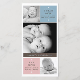 Moderne Tweeling Baby's Foto Geboorte Aankondiging