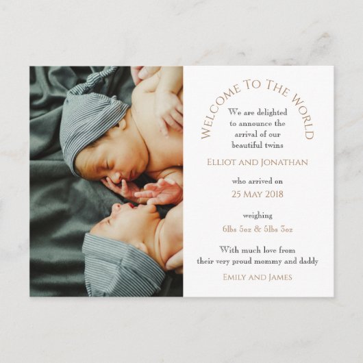 Moderne tweeling welkom in de wereld fototypografi briefkaart (Voorkant)