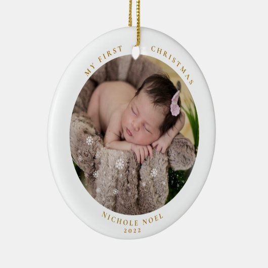 Moderne tweezijdige mijn eerste kerstfoto keramisch ornament (Rechts)