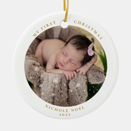 Moderne tweezijdige mijn eerste kerstfoto keramisch ornament (Voorkant)