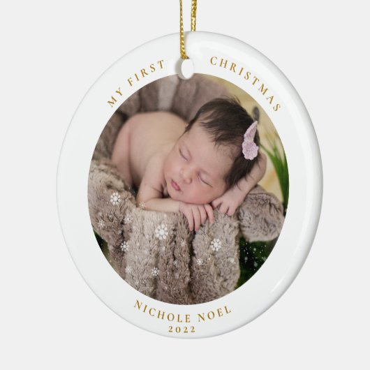 Moderne tweezijdige mijn eerste kerstfoto keramisch ornament (Links)