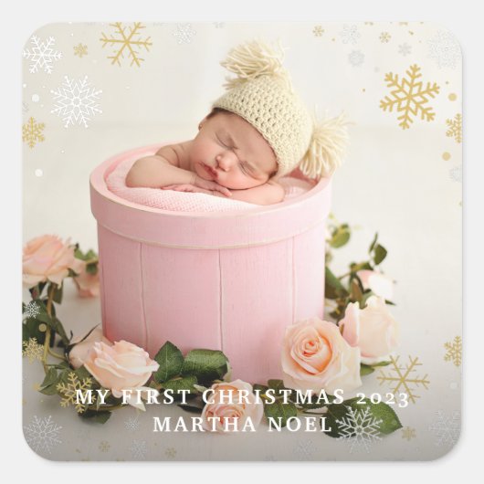 Moderne tweezijdige mijn eerste kerstfoto vierkante sticker (Voorkant)