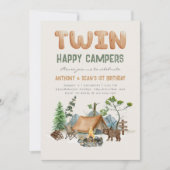 Moderne Twin Happy Campers Woodland 1e uitnodiging (Voorkant)