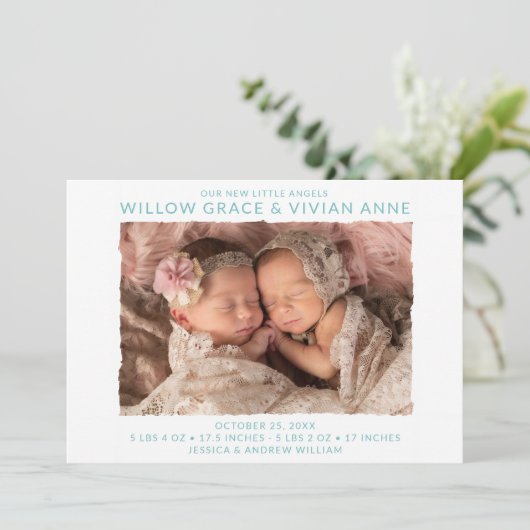 Moderne Twin Photo Aankondiging van de Geboorte (Staand voorkant)