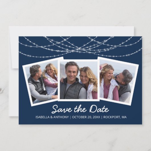 Moderne Twinkelende Slingerlicht Blauwe 3-Foto Save The Date (Voorkant)
