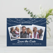 Moderne Twinkelende Slingerlicht Blauwe 3-Foto Save The Date (Staand voorkant)