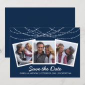 Moderne Twinkelende Slingerlicht Blauwe 3-Foto Save The Date (Voorkant / Achterkant)