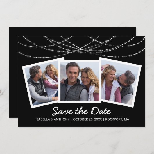 Moderne Twinkle-snoerlicht Zwart 3-foto Save The Date (Voorkant / Achterkant)