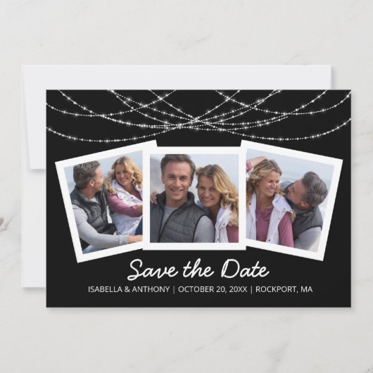 Moderne Twinkle String Licht Zwart 3-Foto Save The Date (Voorkant)