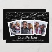 Moderne Twinkle String Licht Zwart 3-Foto Save The Date (Voorkant / Achterkant)