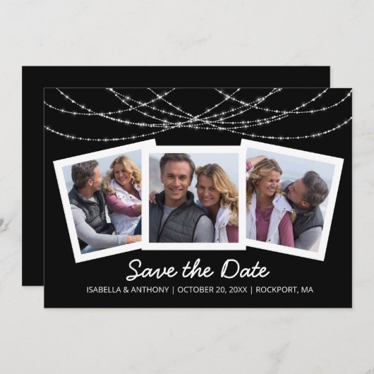 Moderne Twinkle String Licht Zwart 3-Foto Save The Date (Voorkant / Achterkant)