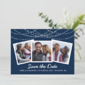 Moderne Twinkle String Light Blauw 3-Foto Save The Date (Staand voorkant)