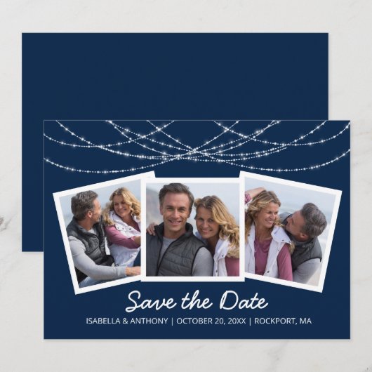 Moderne Twinkle String Light Blauw 3-Foto Save The Date (Voorkant / Achterkant)