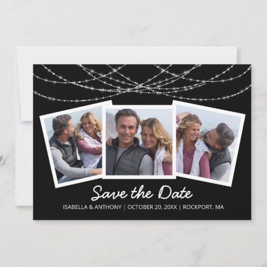 Moderne Twinkle String Light Zwart 3-Foto Save The Date (Voorkant)