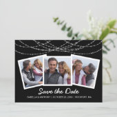 Moderne Twinkle String Light Zwart 3-Foto Save The Date (Staand voorkant)
