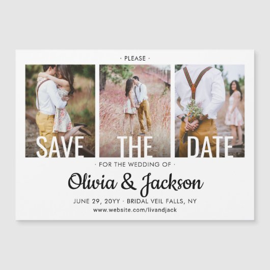 Moderne Typografie 3 Foto Wedding Save the Date Magnetische Uitnodiging (Voorkant)