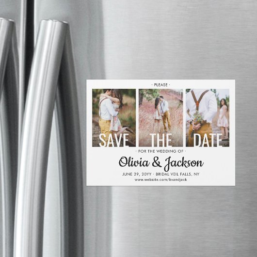 Moderne Typografie 3 Foto Wedding Save the Date Magnetische Uitnodiging