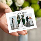 Moderne typografie 3 foto's bruiloft bedankt notitiekaartje