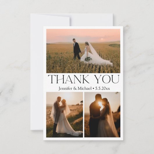 Moderne typografie 3 foto's collage bruiloft bedankkaart (Voorkant)