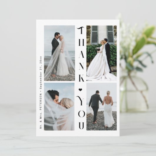 Moderne typografie 4 foto bruiloft dank u kaart (Staand voorkant)