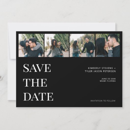 Moderne typografie 4 foto collage zwarte bruiloft save the date (Voorkant)