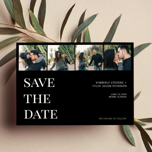 Moderne typografie 4 foto collage zwarte bruiloft save the date