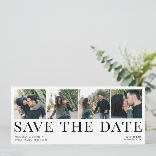 Moderne typografie 4 foto's bruiloft save the date (Staand voorkant)