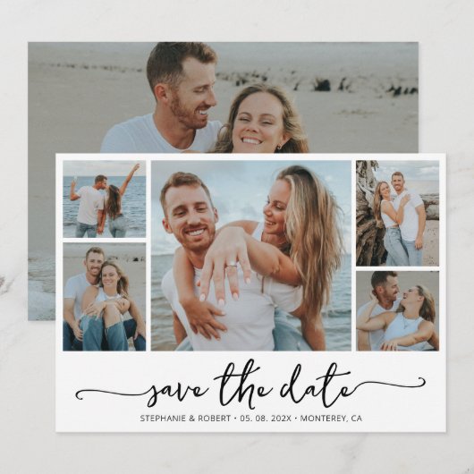 Moderne Typografie 5 Fotocollage Bruiloft Save The Date (Voorkant / Achterkant)