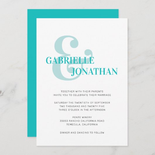 Moderne Typografie Aqua Wedding Invitation (Voorkant / Achterkant)