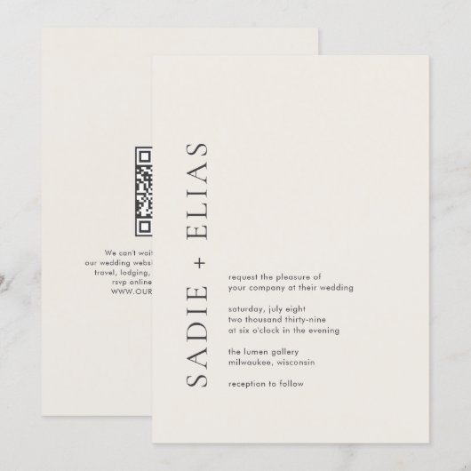 Moderne typografie Beige Elegante QR-code Trouwen Kaart (Voorkant / Achterkant)