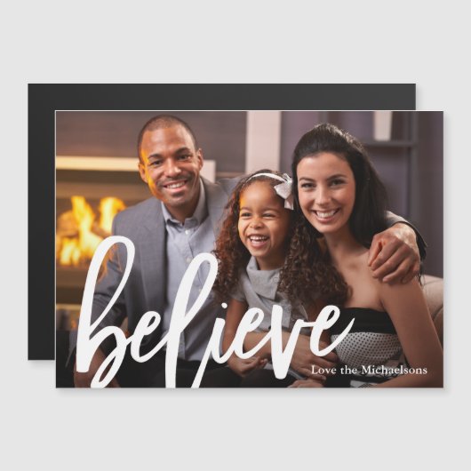 Moderne typografie Believe foto-kerstmagneet (Voorkant / Achterkant)