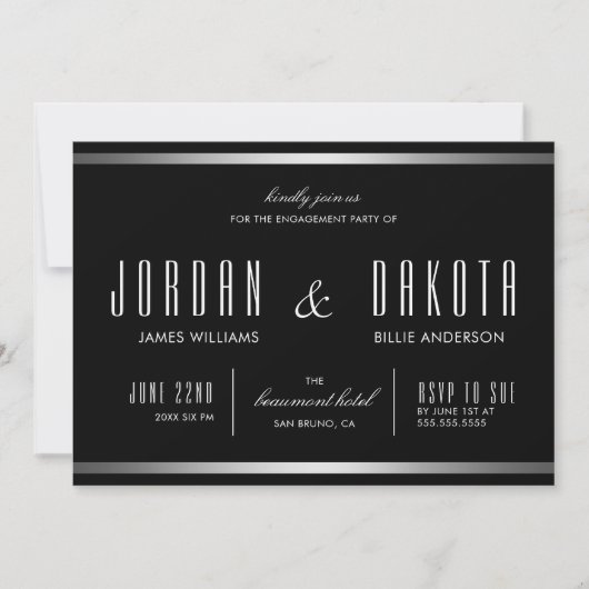 Moderne Typografie Black & Silver Engagement Party Kaart (Voorkant)