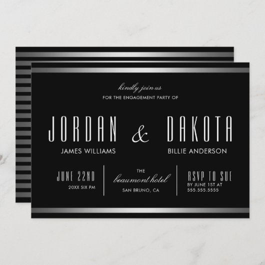 Moderne Typografie Black & Silver Engagement Party Kaart (Voorkant / Achterkant)