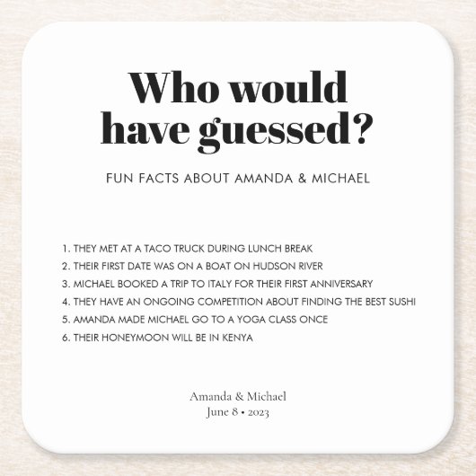 Moderne Typografie Black White Wedding Fun Facts Kartonnen Onderzetters (Voorkant)