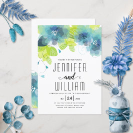 Moderne typografie blauw bloemen bloemen bruiloft kaart