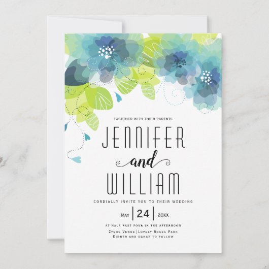 Moderne typografie blauw bloemen bloemen bruiloft kaart (Voorkant)