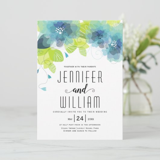 Moderne typografie blauw bloemen bloemen bruiloft kaart (Staand voorkant)