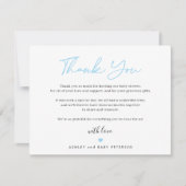 Moderne typografie blauw script baby shower bedankkaart (Voorkant)
