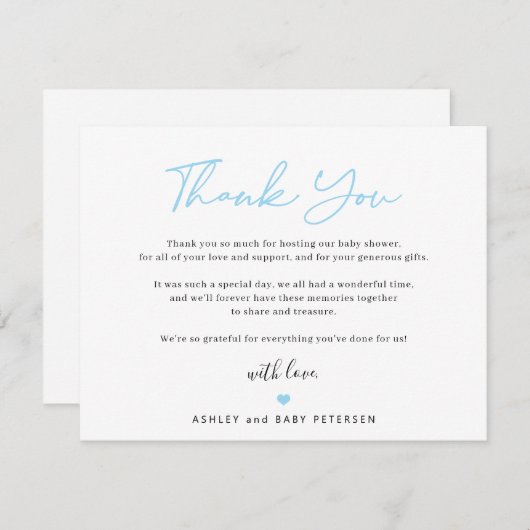 Moderne typografie blauw script baby shower bedankkaart (Voorkant / Achterkant)